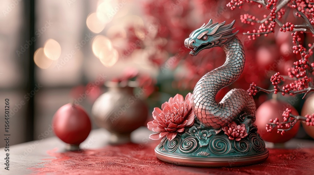 Fototapeta premium Detailed decorative dragon figurine on a floral base.