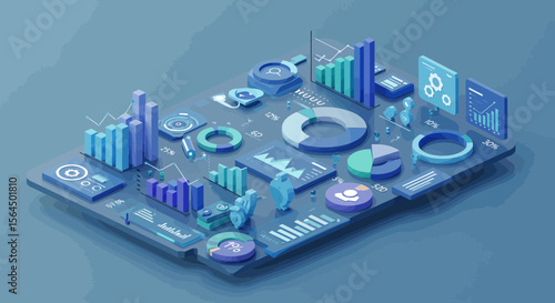 Isometric illustration of a business analytics dashboard for data visualization