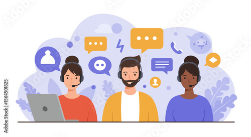 Diverse call center team providing customer service and support illustration