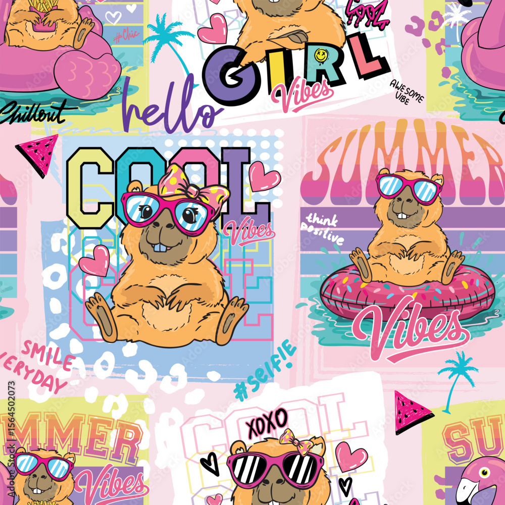 Obraz premium Funny seamless pattern with summer capybara. Cartoon capybara for prints on T-shirts, children's clothing, cards and more