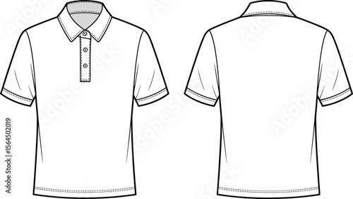 Basic Plain Polo Shirt Front And Back View With Collar Placket Short Sleeve Fashion Technical CAD Drawing Flat Vector Template