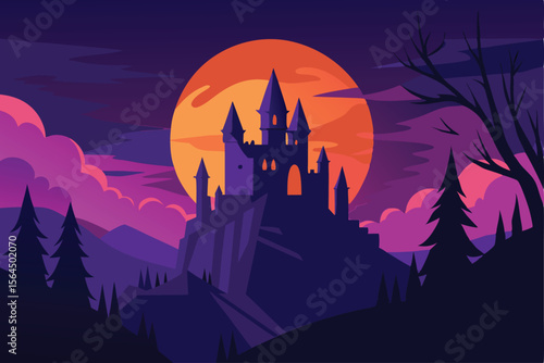 Silhouette of a gothic castle perched on a hilltop at night under a large orange moon.