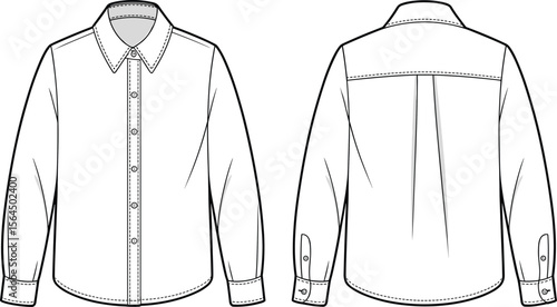Classic Button Down Shirt CAD Technical Flat Vector Sketch Long Sleeve Collar Cuff Detail Fashion Garment Design Template Illustration