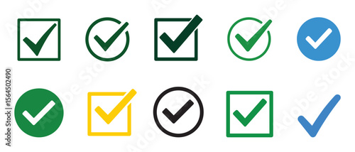 Green blue yellow black checkmark icons in squares and circles tick confirm