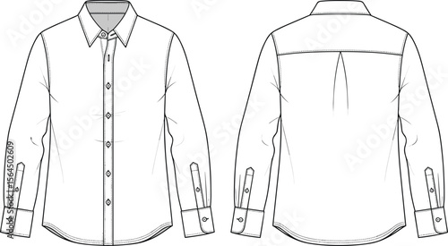Classic Long Sleeve Button Down Shirt CAD Technical Flat Vector Sketch with Collar Cuff Placket Detail Fashion Garment Design Template Illustration