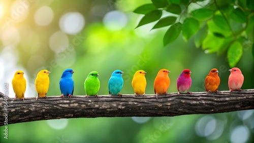 Vibrant Rainbow Birds Perched on a Branch in Lush Greenery