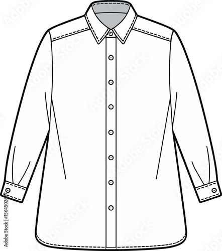 Classic Women’s Long Sleeve Shirt CAD Technical Flat Vector Sketch Button Down Collar Cuff Detail Fashion Garment Design Template Illustration