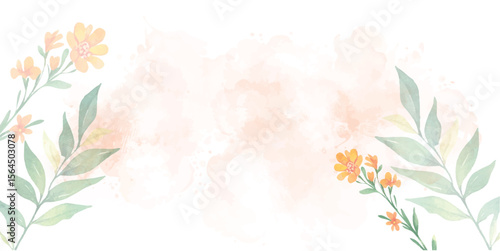 Watercolor floral background vector design. Soft pastel flower leaves frame with abstract pink texture splash for wedding or invitation decor art.