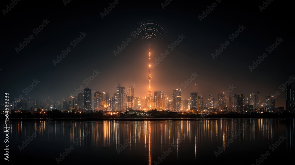 Obraz premium Dramatic skyline illumination with tower transmitting waves across the water