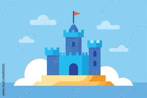 A majestic blue castle stands proudly on a small island, surrounded by a calm sea and fluffy clouds.