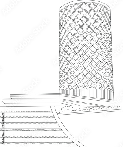 Abstract Line Art Illustration of Nehru Centre, Mumbai, India. Iconic Cylindrical Building Architecture with Geometric Diamond Patterns. Perfect for Design, Travel, and Cultural Themes.