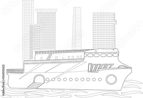 Monochromatic line drawing of a majestic cruise ship against the iconic Mumbai city landscape, perfect for a maiden voyage illustration.