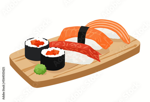 Sushi assortment on a wooden platter with wasabi and ginger  