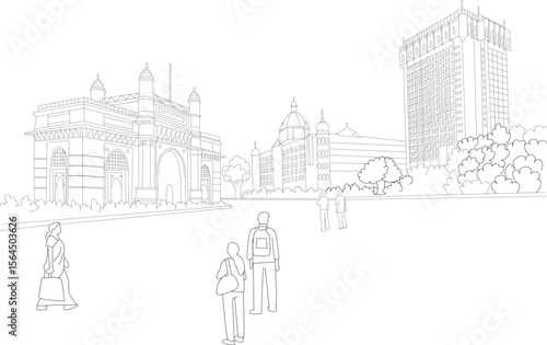 Minimalist line art of Mumbai's Gateway of India and city skyline, depicting Indian culture and urban life with pedestrians.