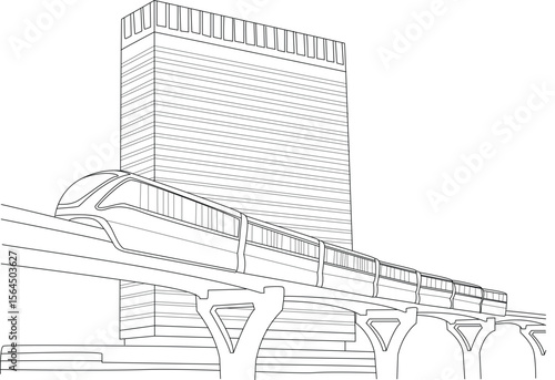 Contemporary outline drawing of Mumbai's Monorail system, featuring an elevated train and a geometric skyscraper, ideal for themes of urban development, public transport, and modern cityscapes.