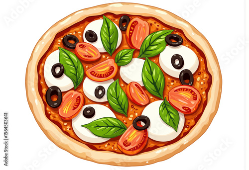 Delicious pizza topped with mozzarella, tomatoes, and basil leaves  