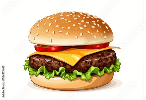 Classic cheeseburger with lettuce and tomato on sesame bun  