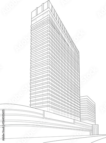 Architectural line drawing of the iconic Trident Hotel at Nariman Point, Mumbai, India. Modern minimalist vector illustration of the luxury landmark building in the city skyline.