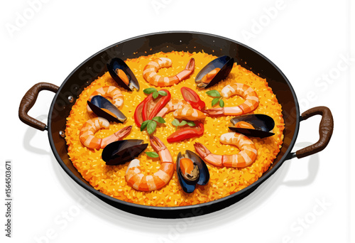 Seafood paella with shrimp, mussels, and red peppers in pan  