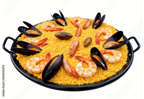 Seafood paella with shrimp and mussels served in a black pan  