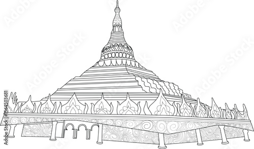 Intricate black and white line drawing of the iconic Global Vipassana Pagoda, a symbol of peace and spiritual tranquility.