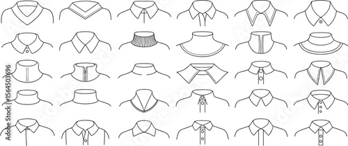 Flat vector CAD drawing of various shirt collar styles, fashion garment design template, technical illustration for clothing pattern design