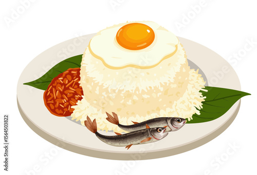 Traditional rice dish with fried egg, fish, and spicy sauce  