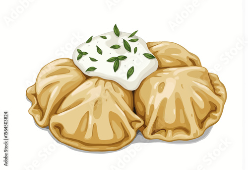 Dumplings with sour cream and herbs on white background  
