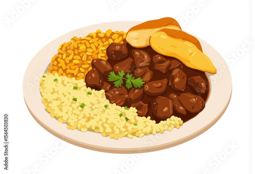 Plate of beef stew with rice and bulgur served on white background  