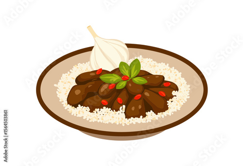 Plate of rice with beans, garlic, and herbs in illustration style  