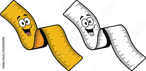 Cartoon illustration featuring a yellow measuring tape and a black and white measuring tape with faces