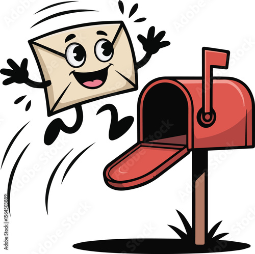 A cartoon envelope character jumping with joy near an open red mailbox on a white background illustration