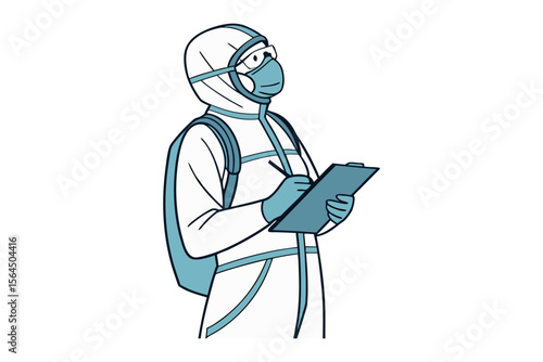 A person in a full hazmat suit with a respirator and goggles is diligently taking notes on a clipboard while looking upwards