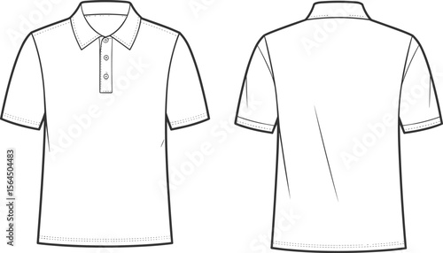 Front And Back View Plain Basic Polo Shirt With Collar Button Placket Short Sleeve Technical Flat Sketch Fashion CAD Vector Template
