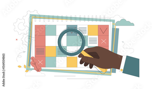 Scheduling. Work planning concept. Reminder. The man plans, makes entries on the calendar.eps