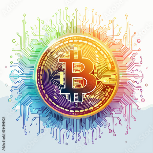 虹色の回路に繋がった仮想通貨のビットコイン
