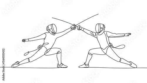 Two fencers in protective gear engaged in a duel with swords