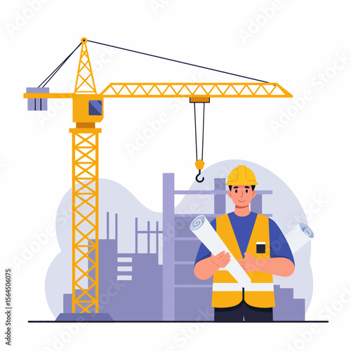 An architect stands near a construction crane, holding blueprints, with building silhouettes.