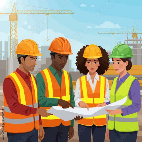 Construction workers in safety vests and helmets reviewing blueprints at a site.