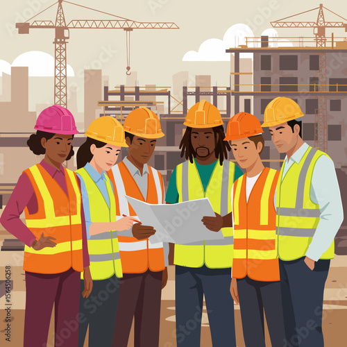 Construction team reviewing blueprints at a bustling building site.