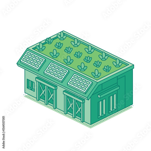 Isometric green warehouse with a vegetated roof and solar panels. Concept of sustainable architecture, eco friendly building, and renewable energy.