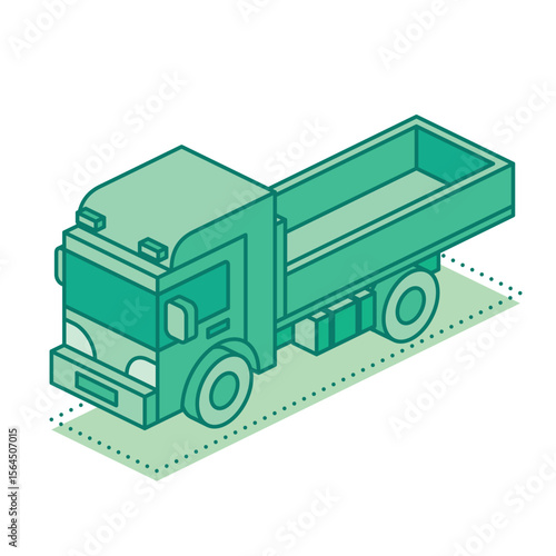 Isometric dump truck. Heavy vehicle for construction, transportation of materials, and industrial logistics. Illustration. Transport isolated on white.