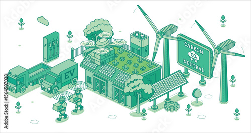 Isometric eco warehouse with green roof, solar panels, wind turbines, EV trucks, drones, and robots. Carbon neutral logistics and sustainable smart industry. Illustration.