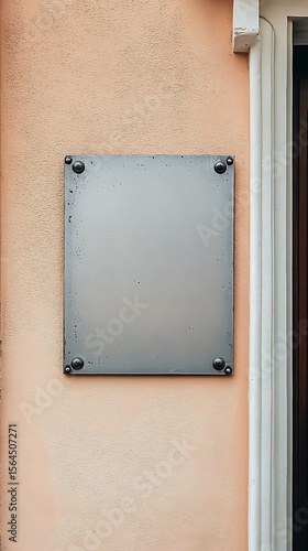 Blank silver sign secured to a textured peach wall next to a doorway