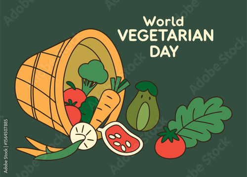 Celebrating World Vegetarian Day with a Basket Overflowing with Fresh Colorful and Cartoon Styled Vegetables