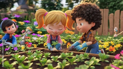 Young Girl and Boy Planting Flowers in Garden with Bright Colors and Smiling Faces in Cartoon Style
