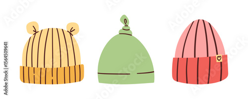 Children s bonnet. on a white background. Girls or boy hat for a newborn, baby hat flat illustration isolate on white. Kids head wears for summer, winter, autumn. Children headdresses.