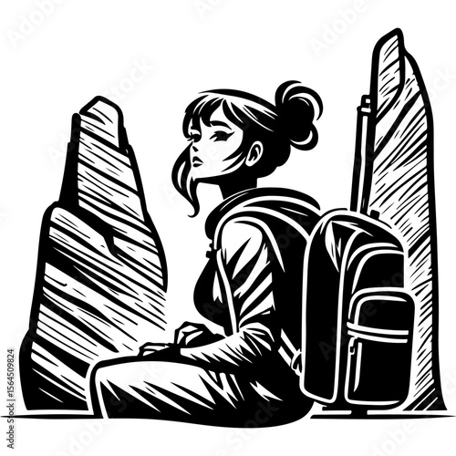 Sketchy sport emblem of girl traveler enjoying the views while sitting on top of a nature reserve in monochrome. Engraving minimalistic vector in black ink drawing on transparent background