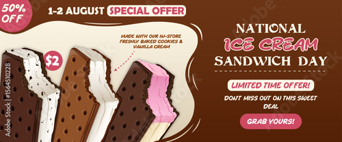 National Ice Cream Sandwich Day Special Offer Discount Banner with Clean Layout and Call-to-Action. Promotional Design with Appetizing Frozen Dessert Vector Illustration