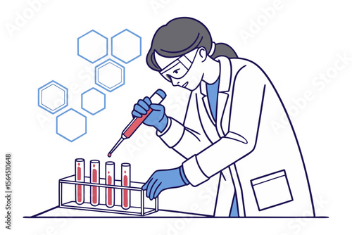 Scientist in a lab coat and goggles carefully pipettes red liquid into test tubes with hexagonal structures in background